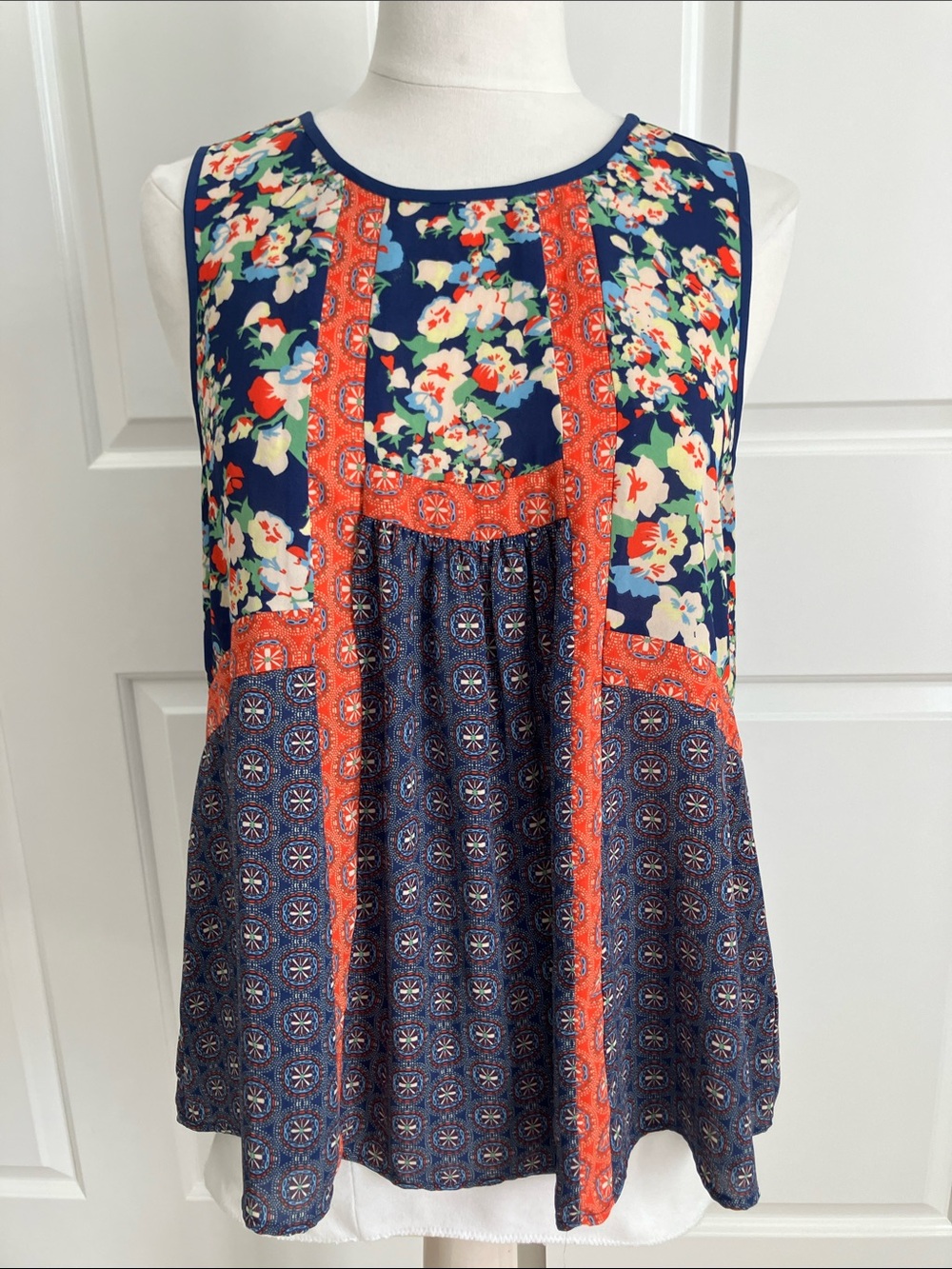 DR2 Navy Floral & Geometric Patchwork Camisole with Coral Trim
